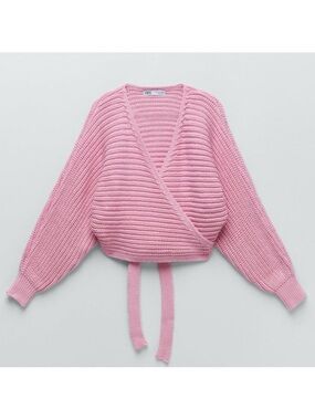 Zara Light Pink Ribbed Wrap V-Neck Sweater with Tie Waist